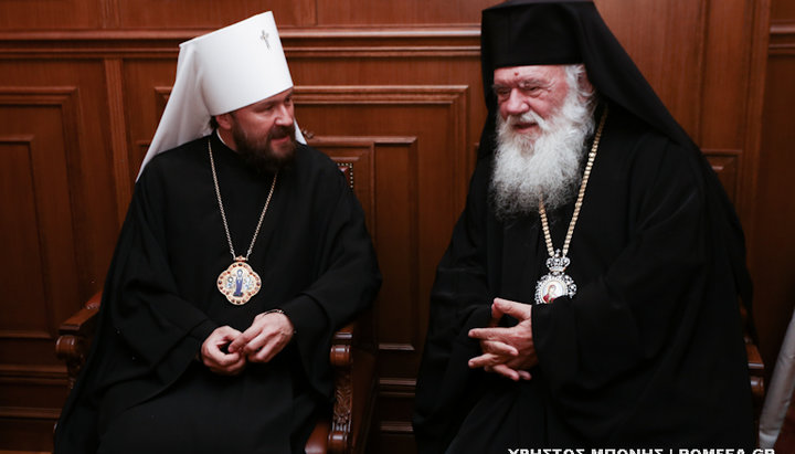 Глава ОВЦС РПЦ митрополит Иларион и Предстоятель Элладской Православной Церкви Архиепископ Иероним. Фото: