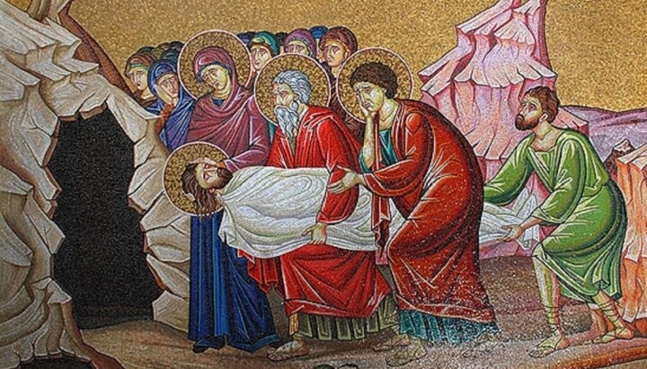 Положення у гробі. Мозаїка храму Воскресіння Христового в Єрусалимі. Фото з відкритих джерел.