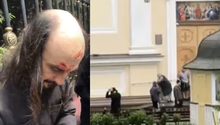 Избитый священник УПЦ и группа рейдеров, находящихся на территории собора. Фото: скриншот