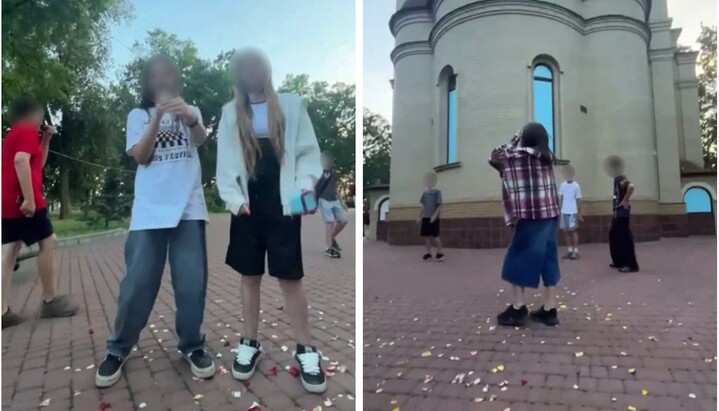 Дети поют русский шансон у храма ПЦУ. Фото: «Суспільне»