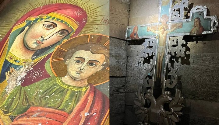 Образ Казанской иконы Божией Матери ХХ ст. и процессийный крест ХІХ ст. с колокольни села Пятидни. Фото: Иванна Билишук