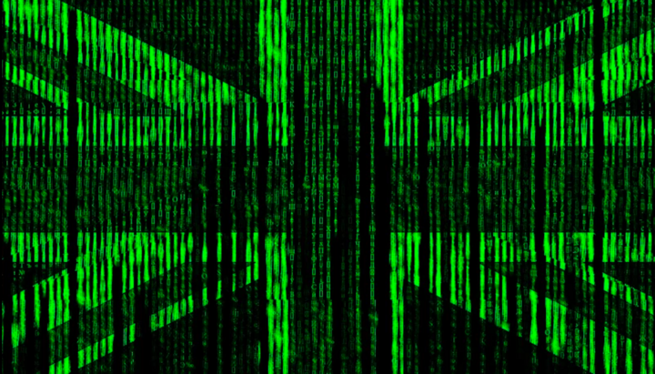 A digital flag of the UK against the background of code symbolizing the digital identification system. Illustration: open sources