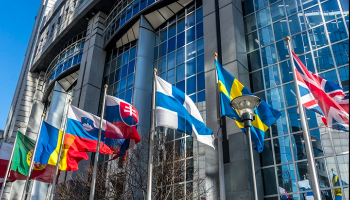 European national flags in front of the European Parliament building in Brussels, Belgium. Photo: Getty Images