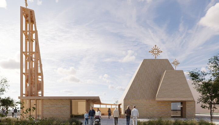 Визуализация проекта победителей, современный храм с высокой деревянной колокольней. Фото: пресс-служба ЛГС 