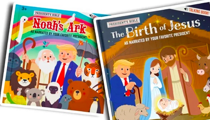 Обложки детских книг серии President’s Bible, в которых библейские сюжеты озвучены ИИ-версией Дональда Трампа. Фото: Baptist News