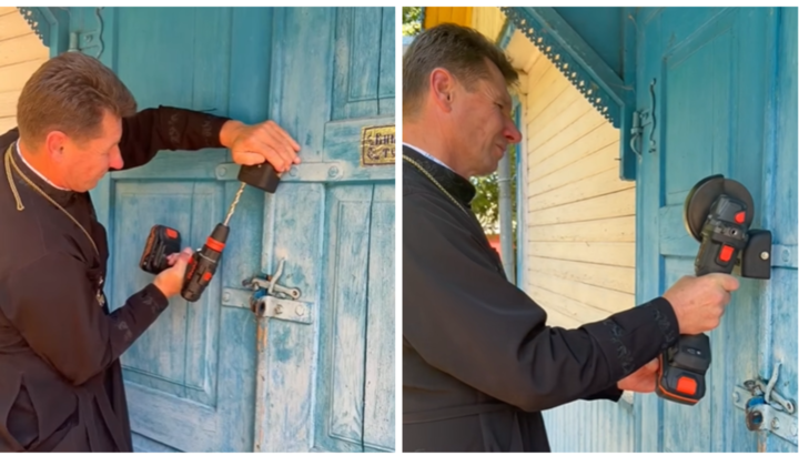 OCU cleric Serhiy Yanchuk cut the locks off a UOC church. Collage: UOJ