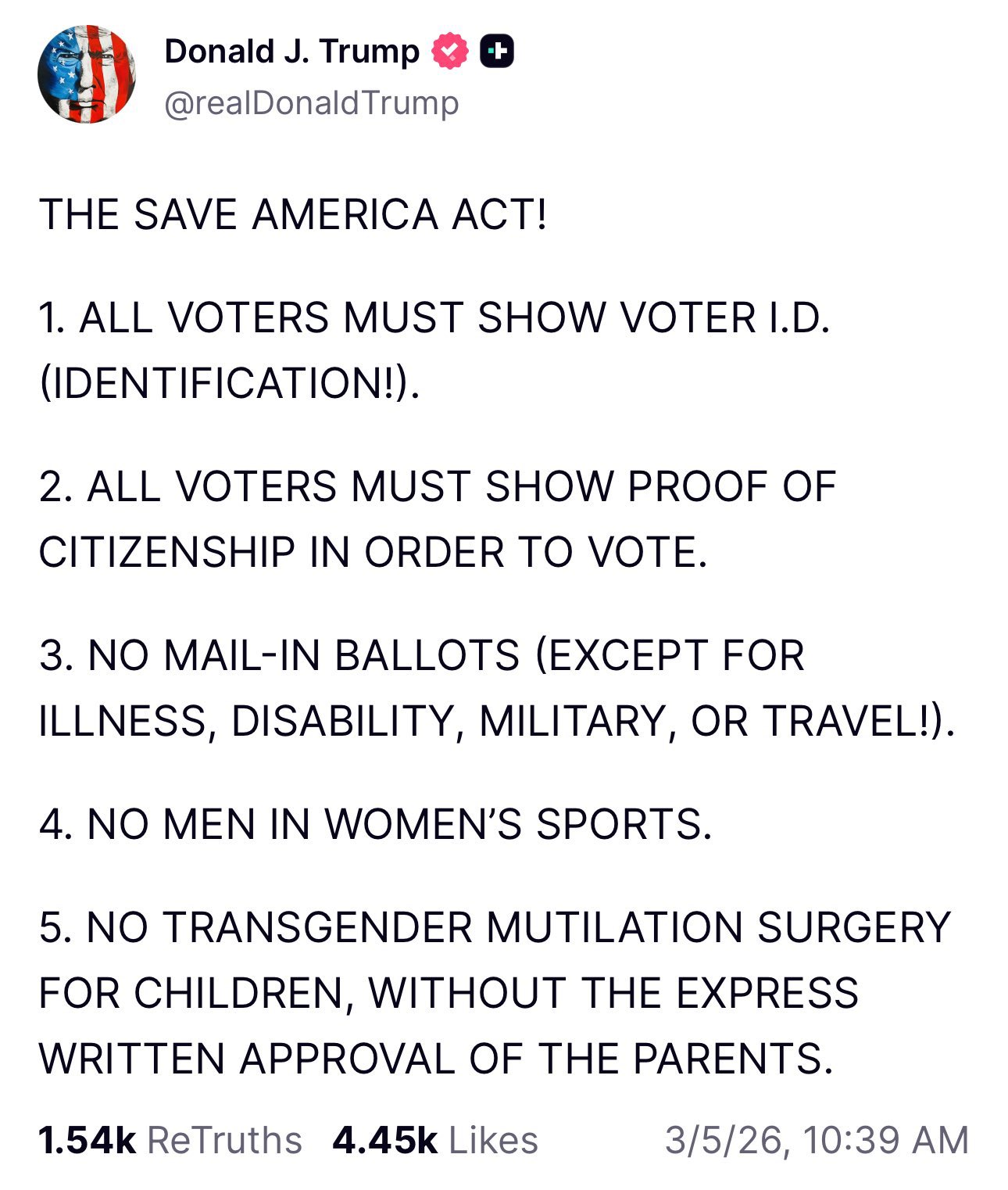 Скриншот поста Д. Трампа с основными положениями документа &laquo;Закон о спасении Америки&raquo; (Save America Act). 